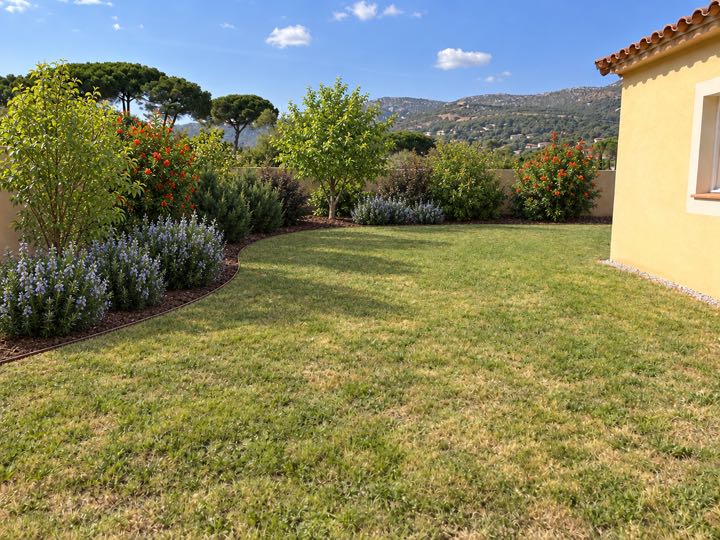 Après : le même jardin, avec un massif de romarins et de grenadiers et une pelouse neuve. La maison et le mur n'ont pas bougé. Image générée par IA.